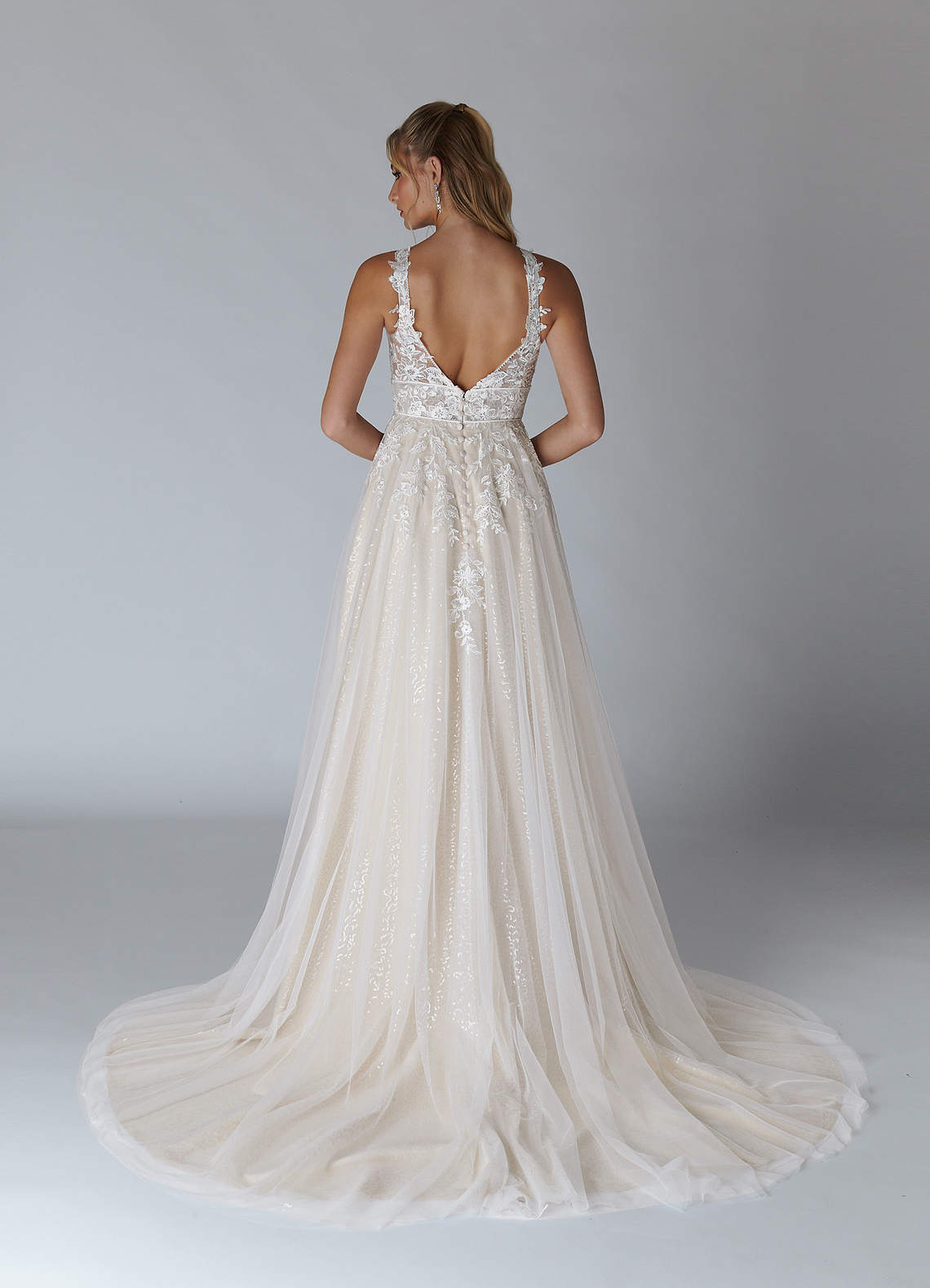 Diamond White Champagne A-Line Sequins Tulle Dress