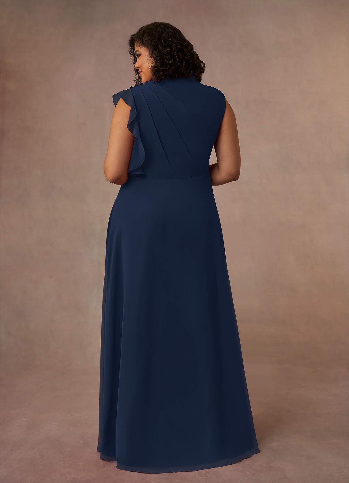 Dark Navy A-Line High Neckline Pleated Chiffon Dress