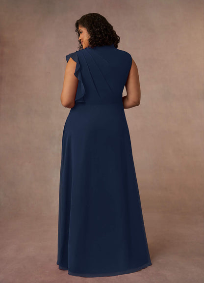 Dark Navy A-Line High Neckline Pleated Chiffon Dress