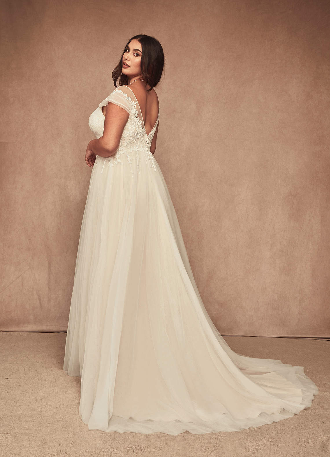 Diamond White Champagne A-Line V-Neck Tulle Dress