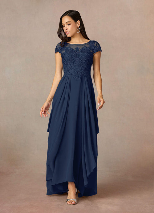 Dark Navy A-Line Lace Chiffon Dress