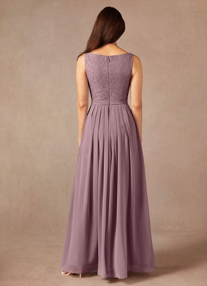 Dusty Rose A-Line Square Neckline Lace Chiffon Dress