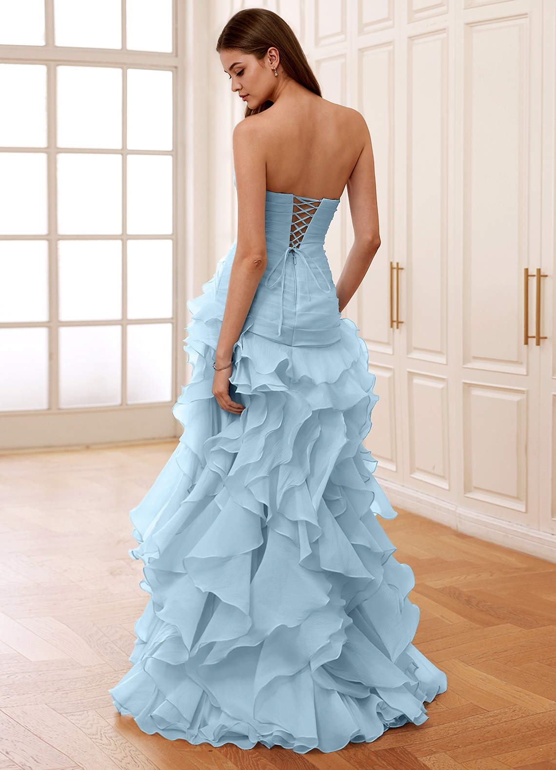Christabelle Shy Blue Corset Rhinestone Sheer Lace Prom Dress