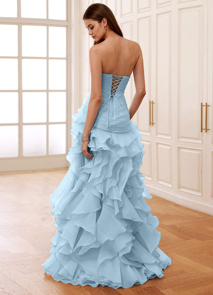 Christabelle Shy Blue Corset Rhinestone Sheer Lace Prom Dress