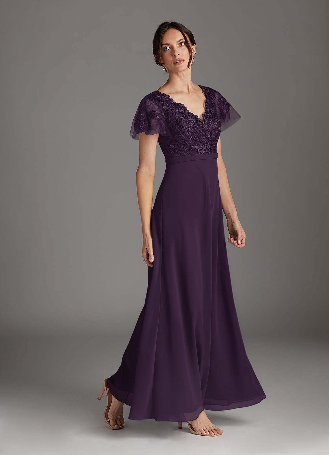Plum A-Line V-Neck Lace Chiffon Dress