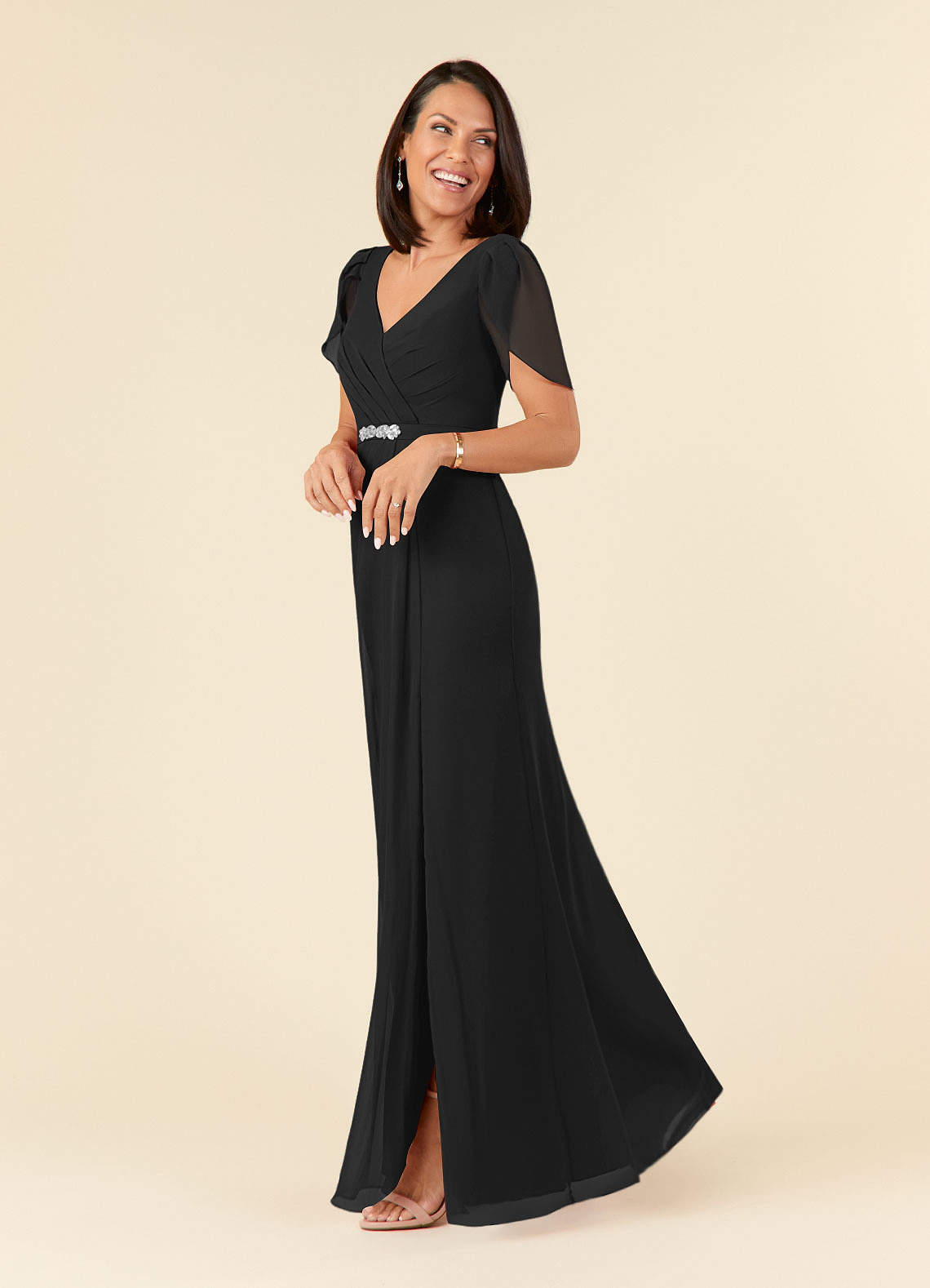 Black Sheath V-Neck Pleated Chiffon Dress