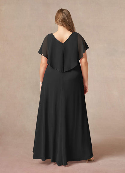 Black A-Line V-Neck Pleated Chiffon Dress