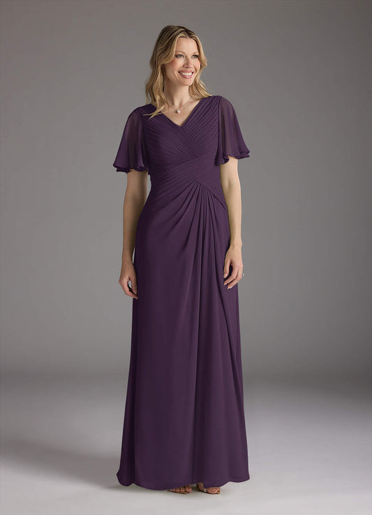 Plum A-Line V-Neck Ruched Chiffon Dress
