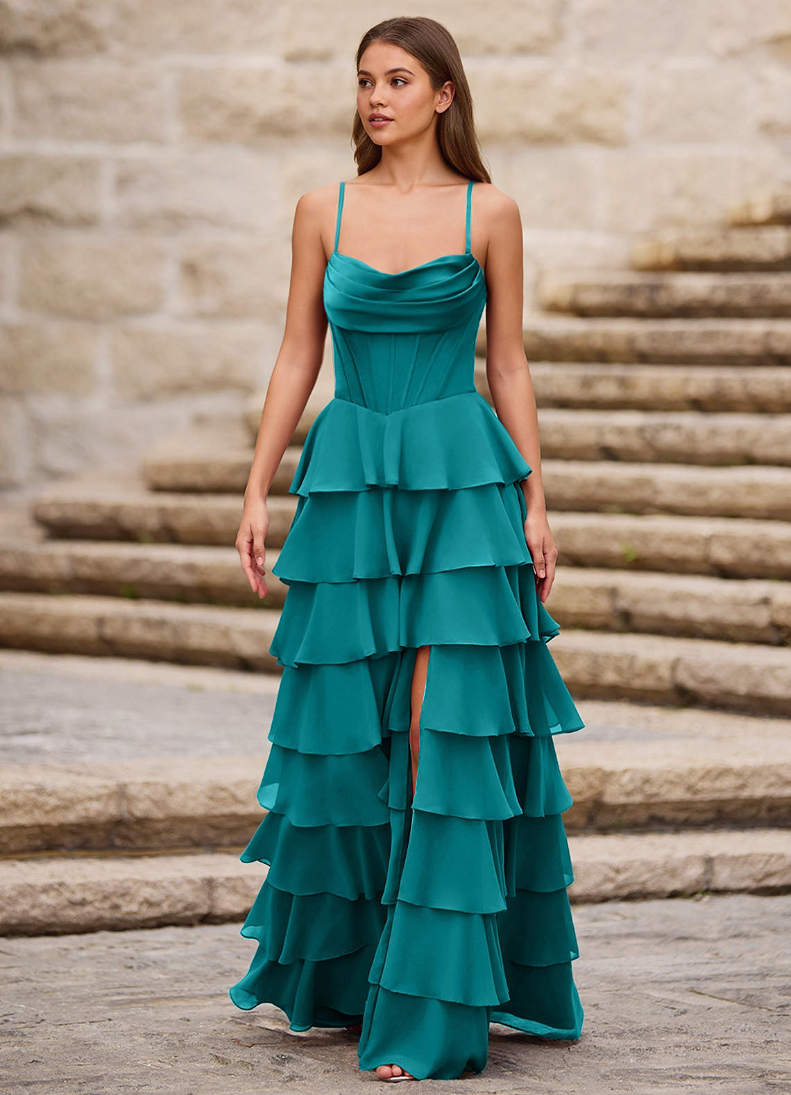 Rhythm Peacock Ruffled A-Line Prom Dress