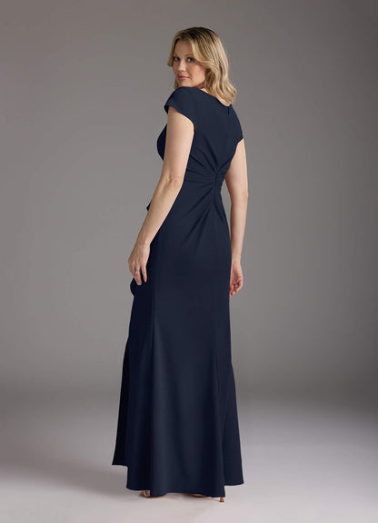 Dark Navy Mermaid V-Neck Pleated Stretch Crepe Dress