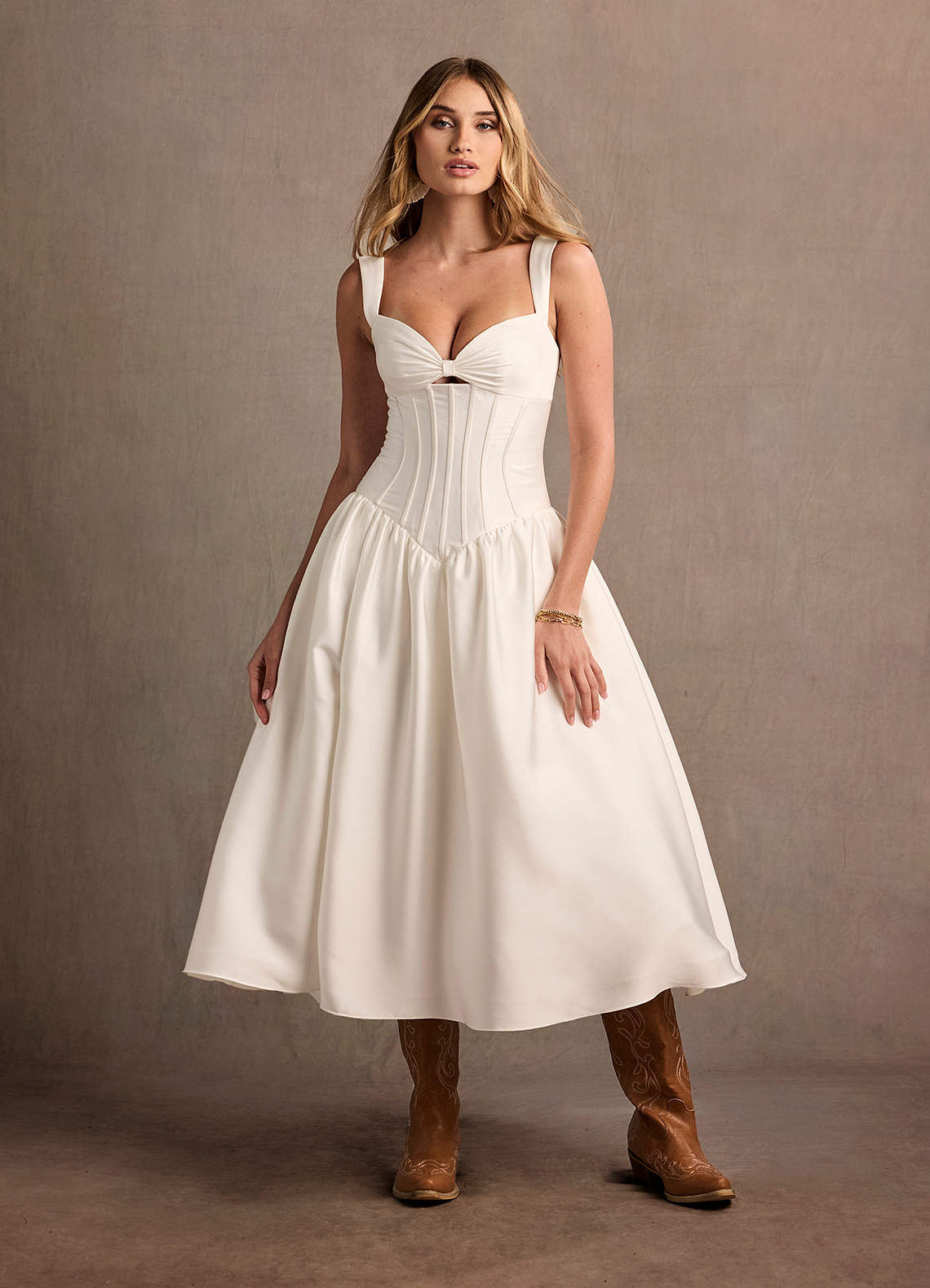 Arwen Cream Dropped Waist Midi Dress  Dress