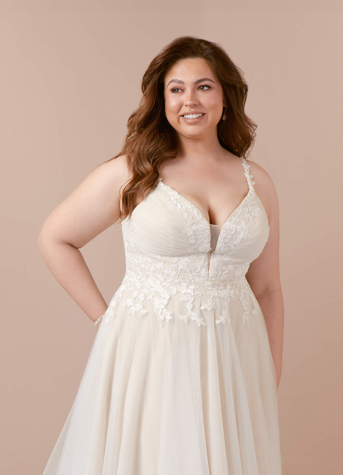 Diamond White Champagne A-Line V-Neck Lace Tulle Dress