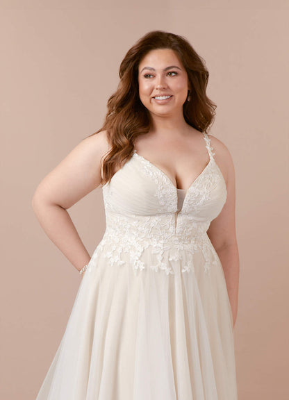 Diamond White Champagne A-Line V-Neck Lace Tulle Dress