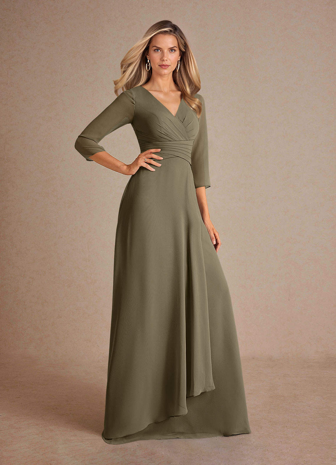 Willow Green A-Line Pleated Chiffon Dress