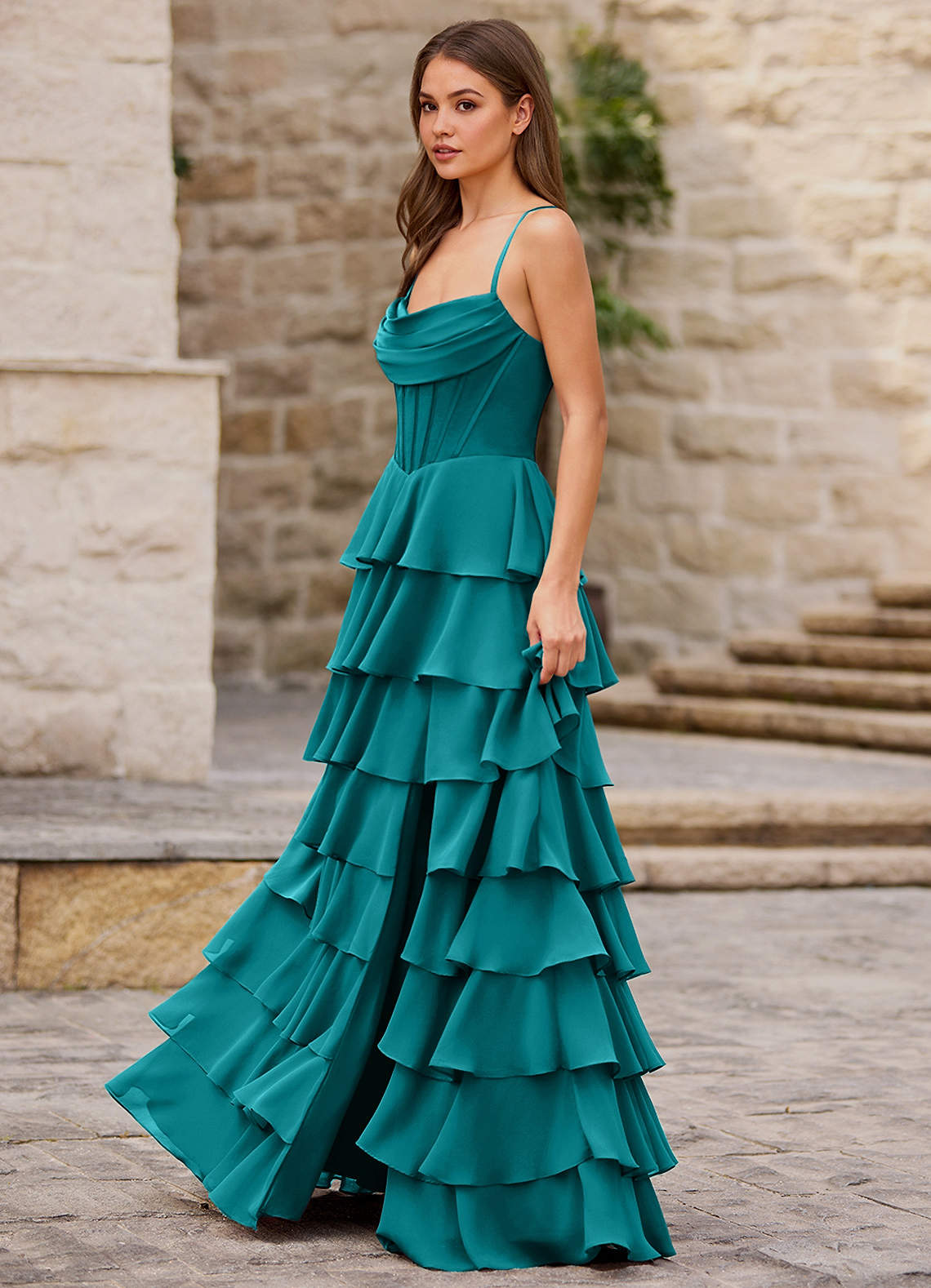 Rhythm Peacock Ruffled A-Line Prom Dress