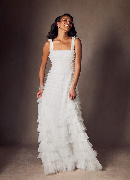 Diamond White A-Line Ruched Tulle Dress