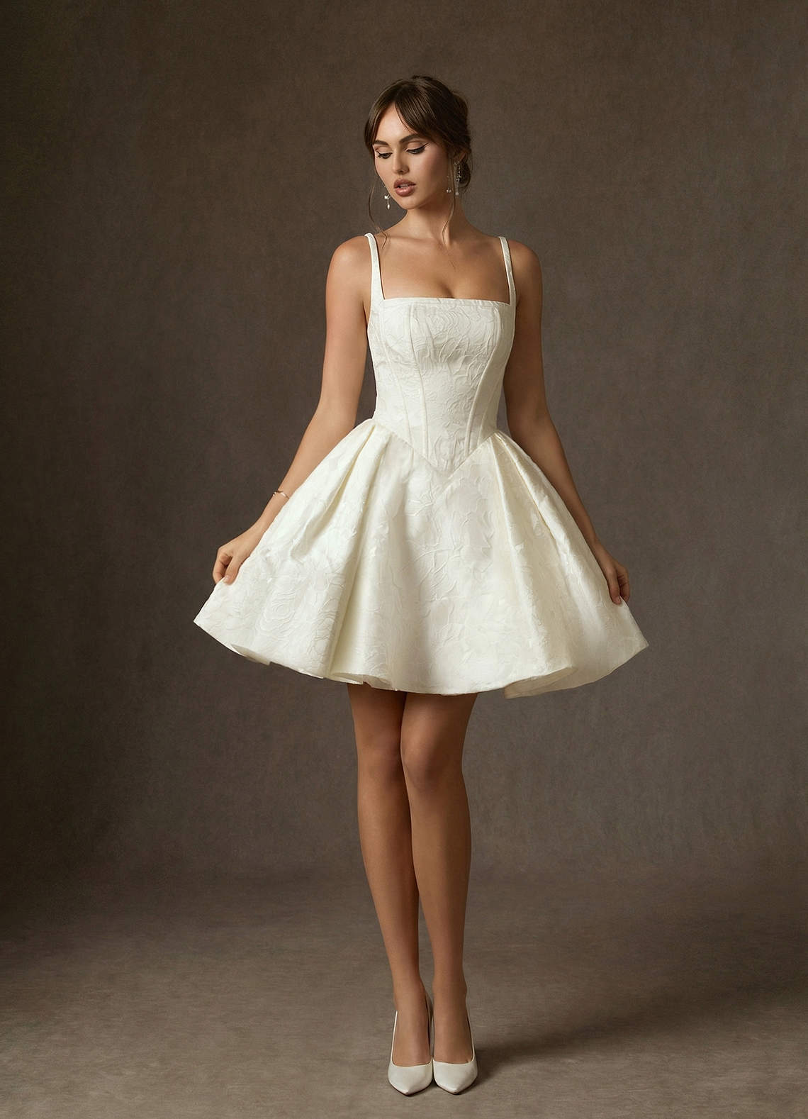 Antique White A-Line with Pockets Floral Jacquard Dress