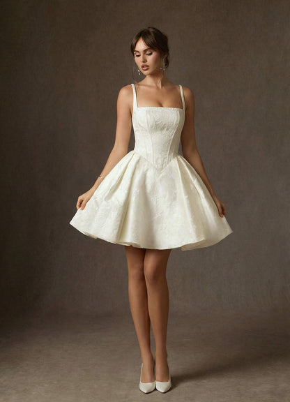 Antique White A-Line with Pockets Floral Jacquard Dress