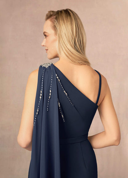 Dark Navy One Shoulder Stretch Crepe Dress