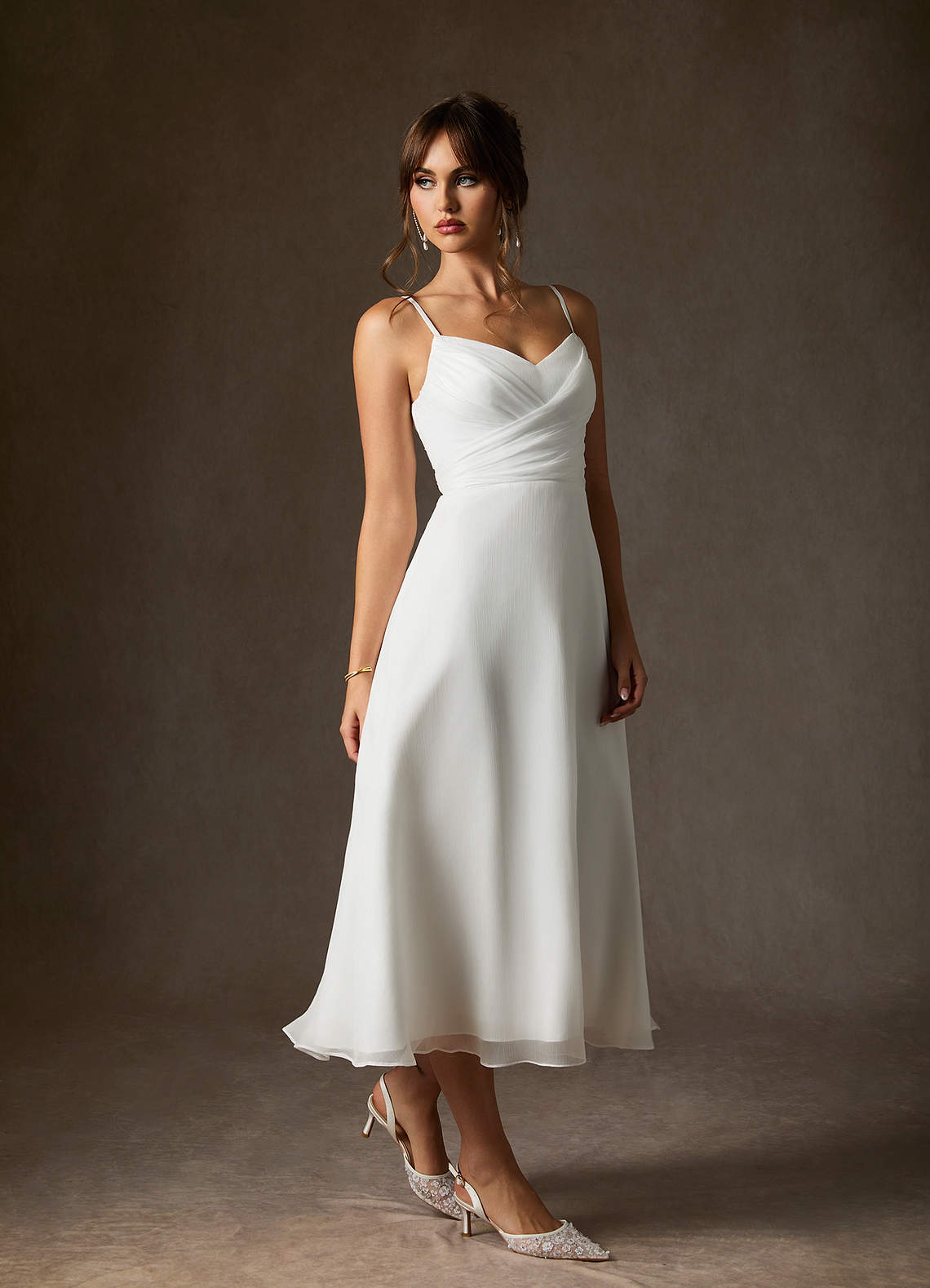 Diamond White A-Line V-Neck Pleated Crinkle Chiffon Dress