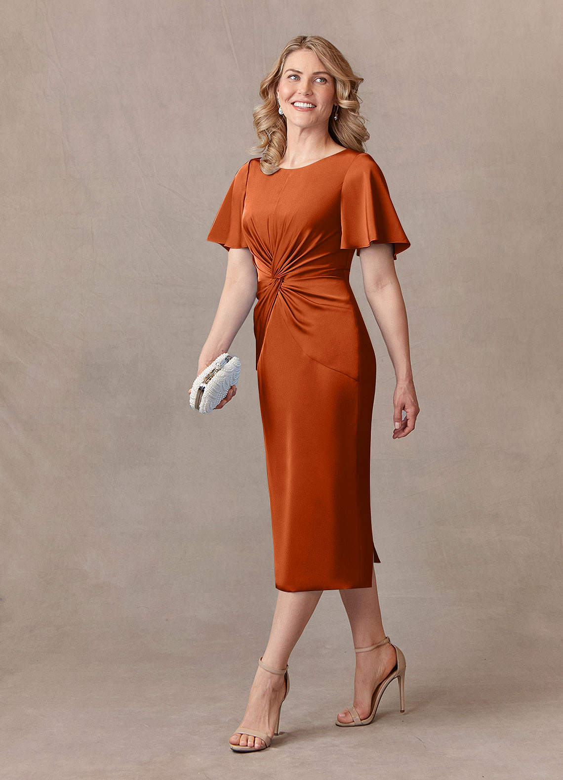 Burnt Orange Sheath Pleated Stretch Satin Dress