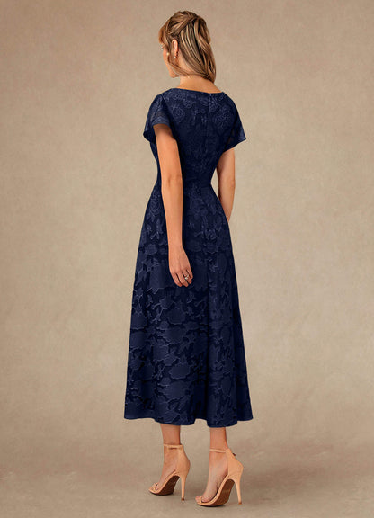 Dark Navy A-Line Pleated Floral Burnout Dress