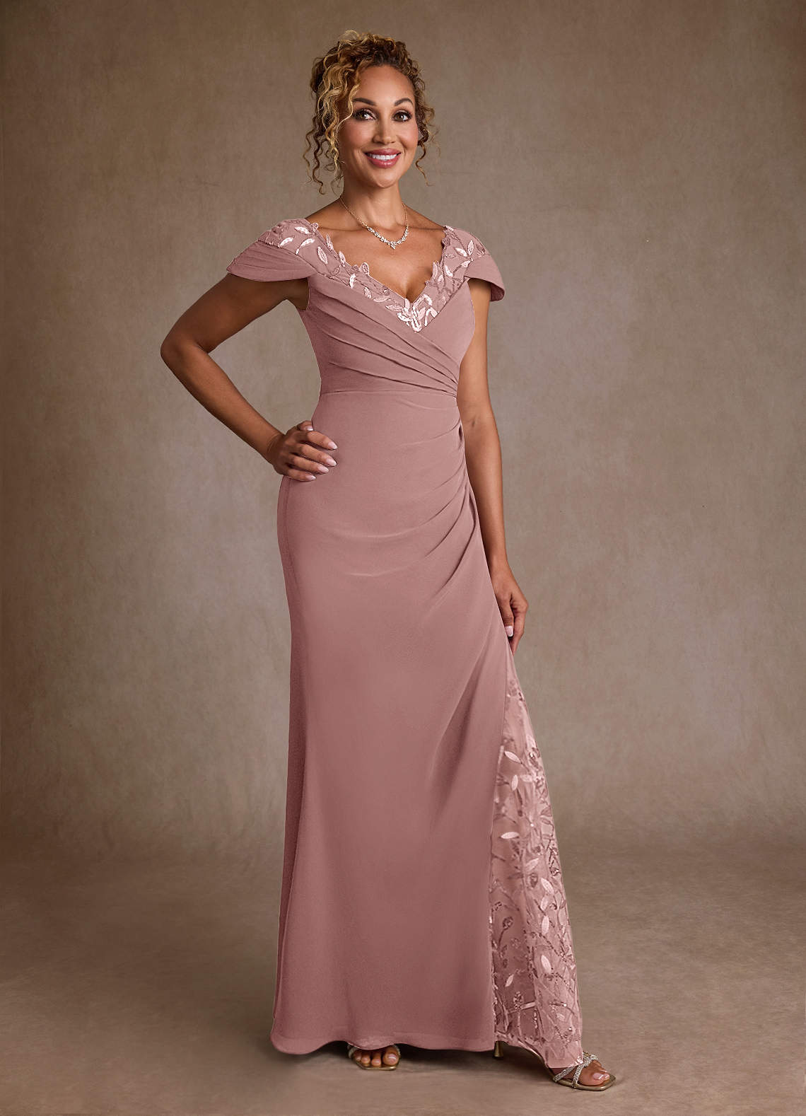 Dusty Rose Mermaid Sequins Chiffon Dress