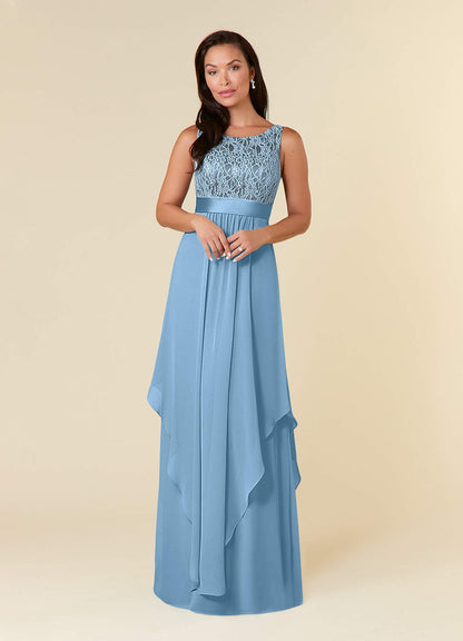 Steel Blue A-Line Lace Chiffon Dress