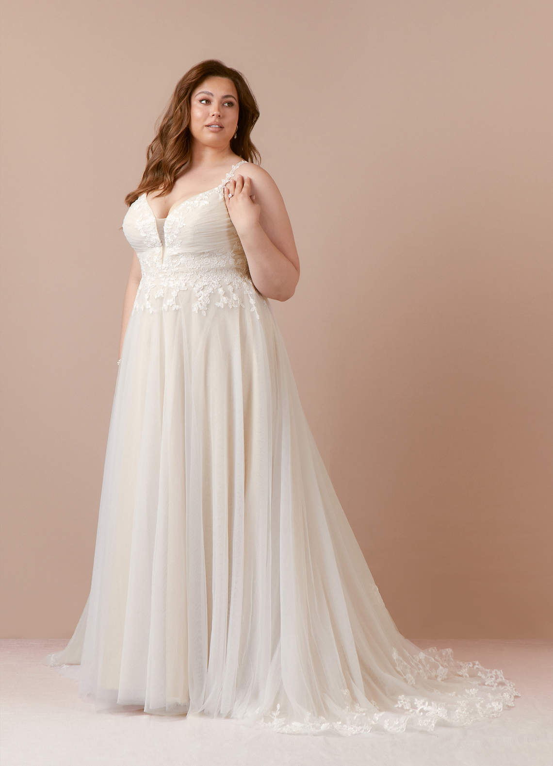 Diamond White Champagne A-Line V-Neck Lace Tulle Dress