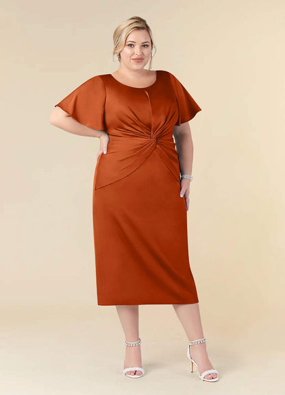 Burnt Orange Sheath Pleated Stretch Satin Dress