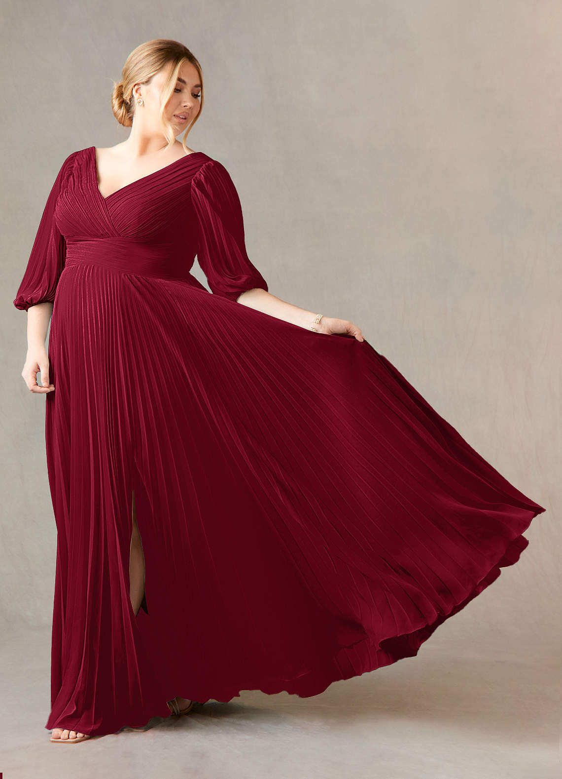 Burgundy A-Line V-Neck Pleated Chiffon Dress