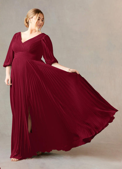 Burgundy A-Line V-Neck Pleated Chiffon Dress