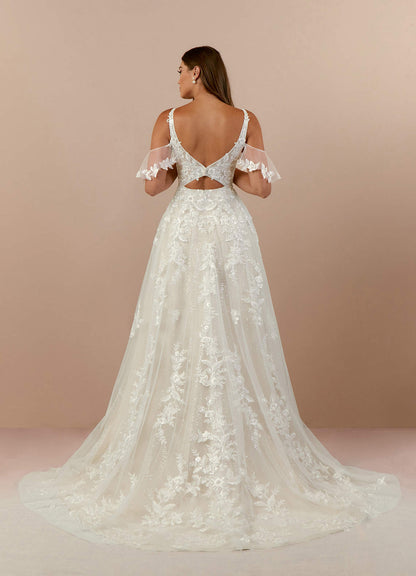 Diamond White Champagne A-Line V-Neck lace Tulle Dress