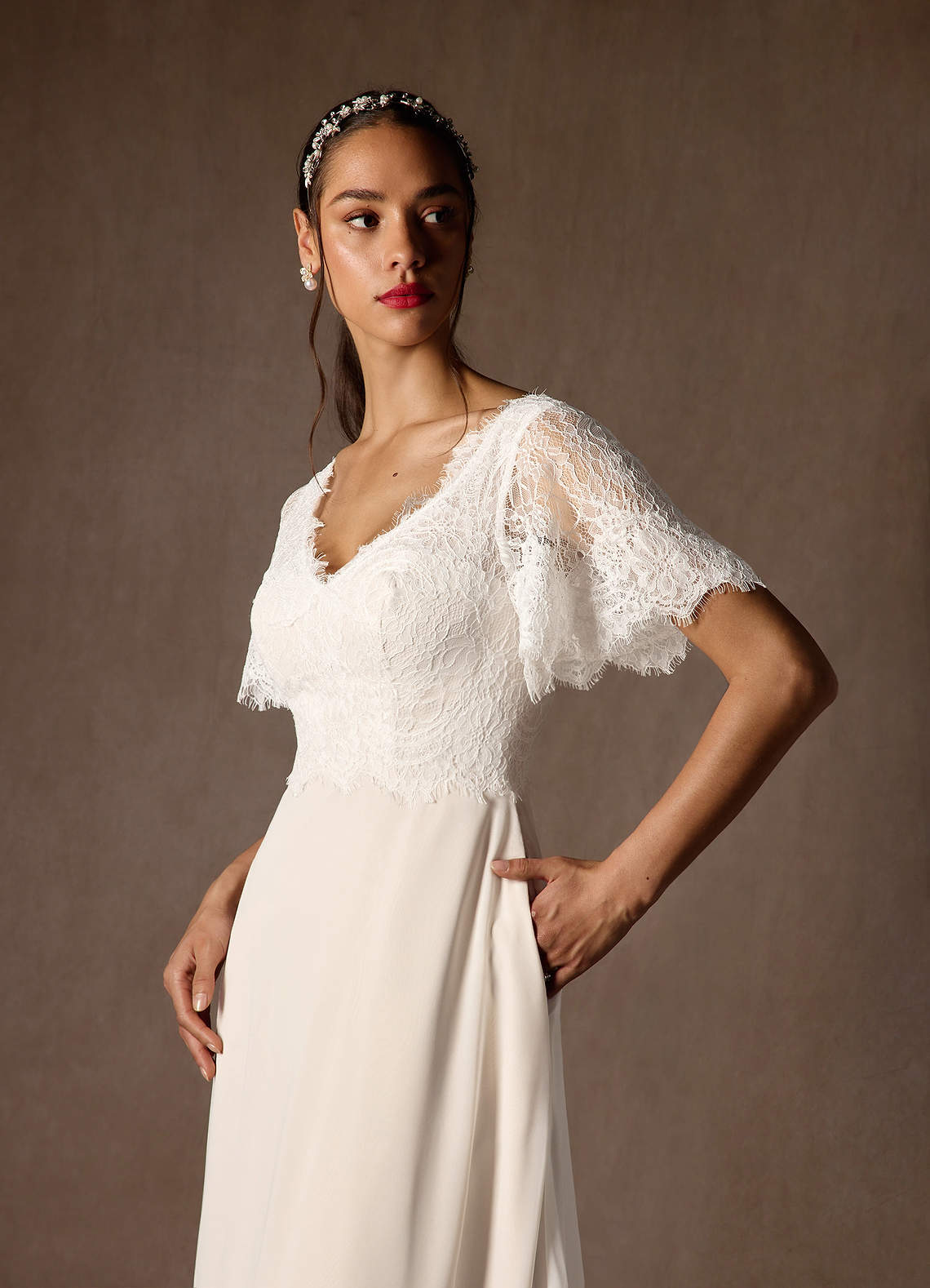 Diamond White Champagne A-Line V-Neck lace Chiffon Dress