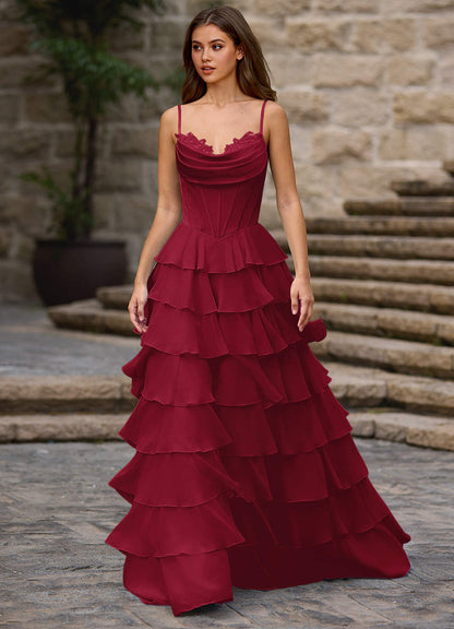 Floralace Merlot Ruffled A-Line Prom Dress