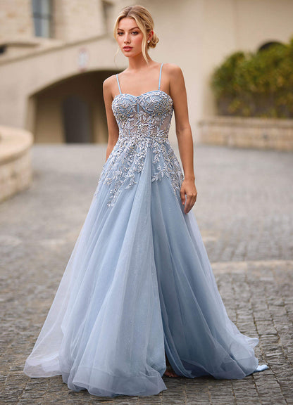 Celeste Dusty Blue Rhinestone Sheer Lace Prom Dress  Dress
