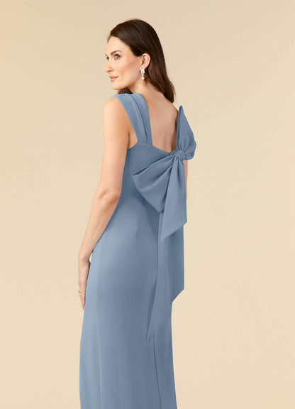 Dusty Blue Sheath Side Slit Stretch Crepe Dress