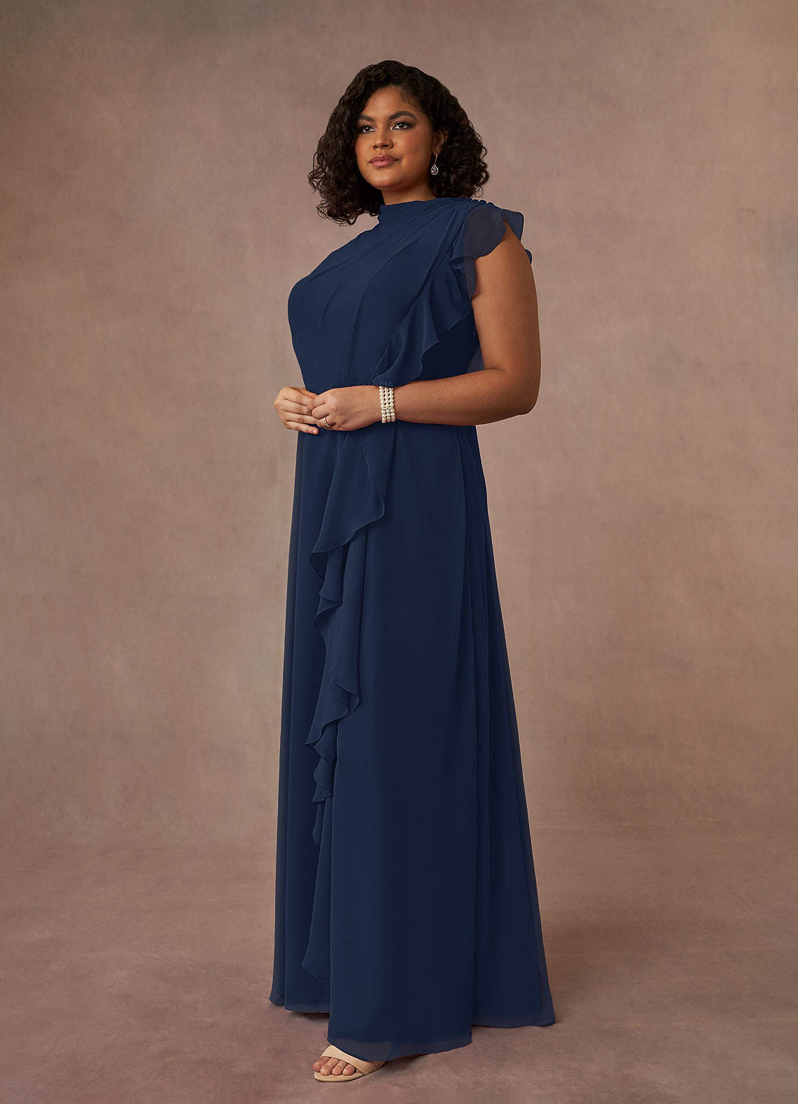 Dark Navy A-Line High Neckline Pleated Chiffon Dress