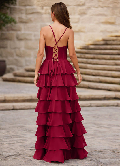 Rhythm Dark Red Ruffled A-Line Prom Dress  Dress