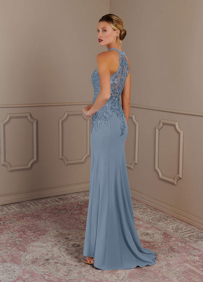 Dusty Blue Mermaid Halter Lace Stretch Crepe Dress