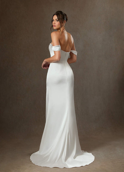 Diamond White Sheath Side Slit Stretch Satin Dress