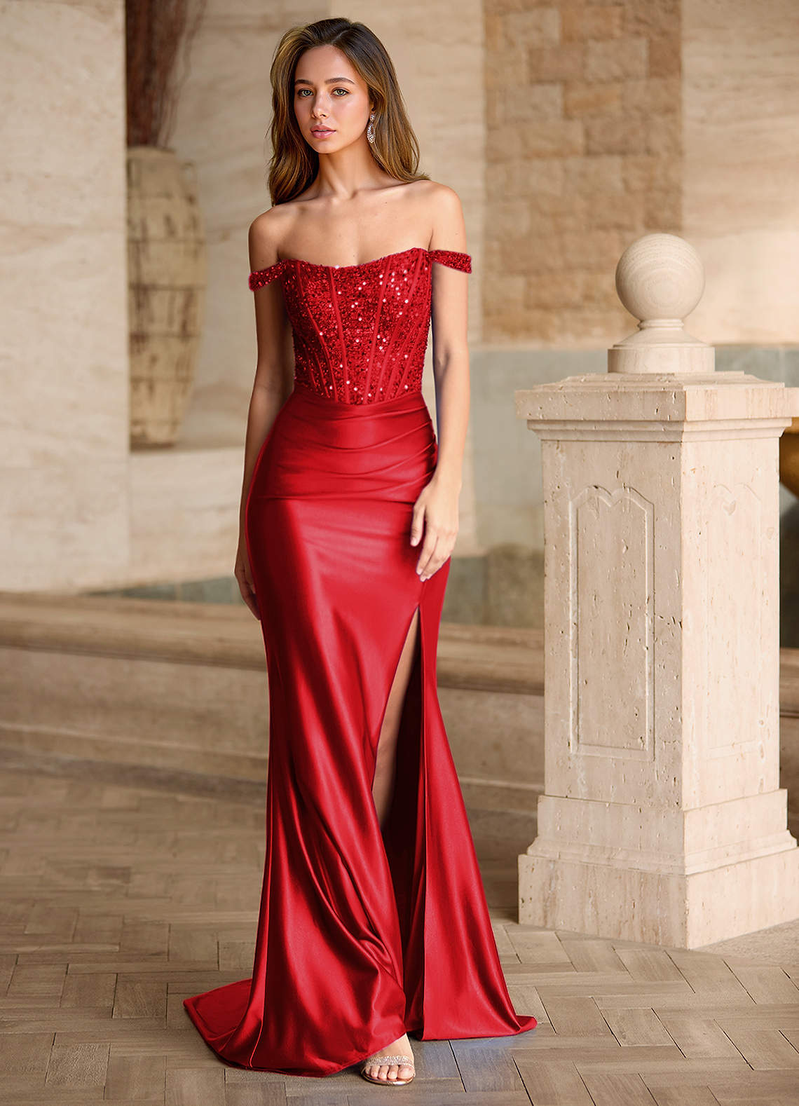 Valeria Red Velvet Sequins Corset Satin Prom Dress  Dress