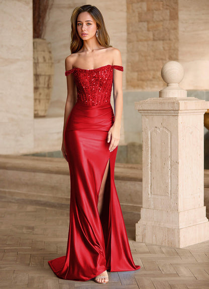 Valeria Red Velvet Sequins Corset Satin Prom Dress  Dress