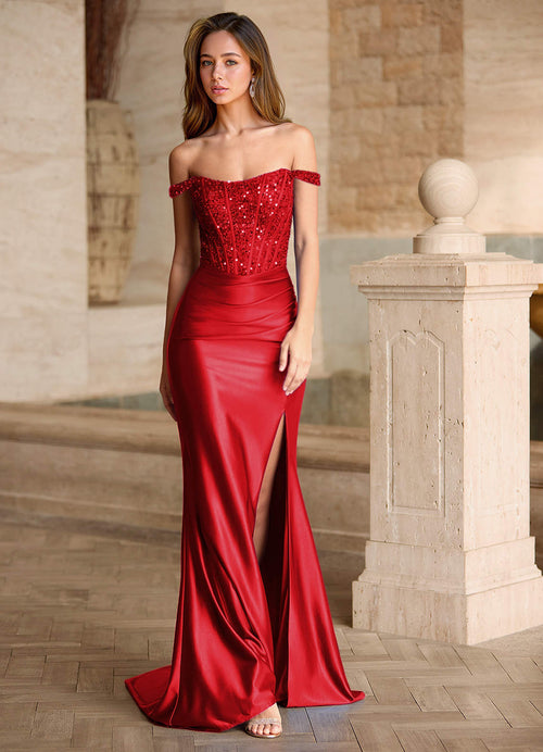 Valeria Red Velvet Sequins Corset Satin Prom Dress  Dress