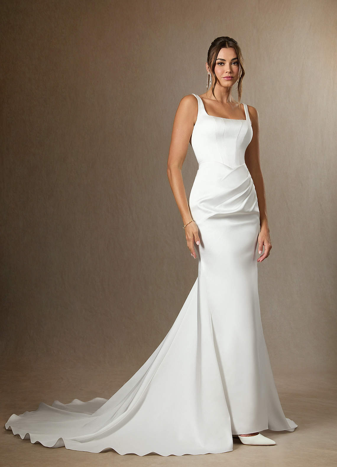Diamond White Mermaid Square Neckline Double Faced Satin Dress