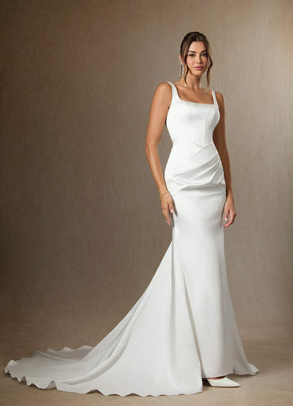 Diamond White Mermaid Square Neckline Double Faced Satin Dress