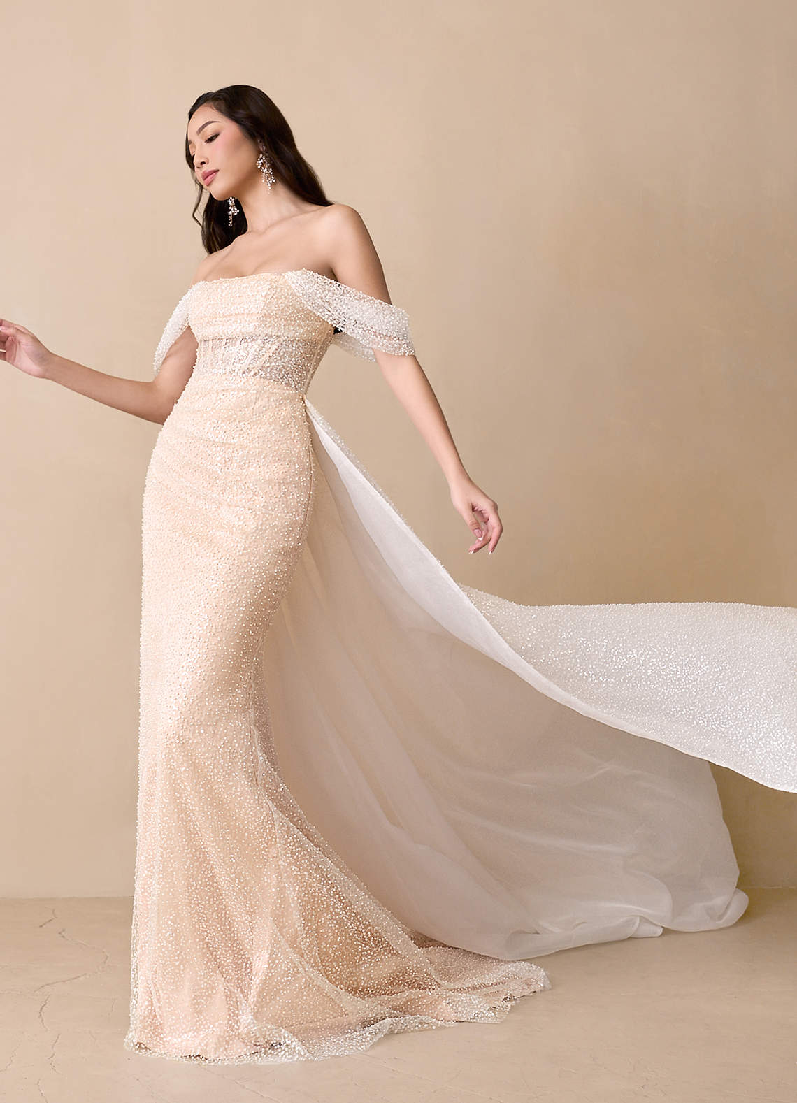 Diamond White English Rose Mermaid Off the Shoulder Beading Dress