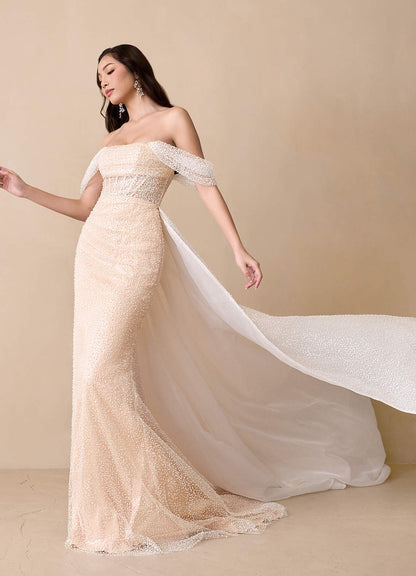 Diamond White English Rose Mermaid Off the Shoulder Beading Dress