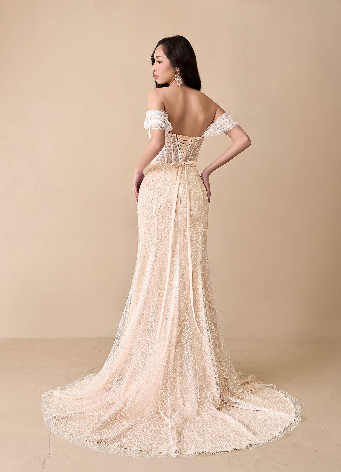 Diamond White English Rose Mermaid Off the Shoulder Beading Dress