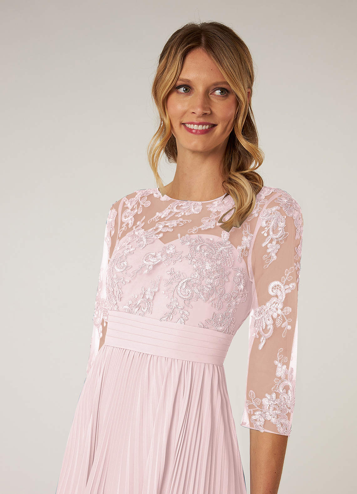 Blushing Pink A-Line Boatneck Lace Chiffon Dress